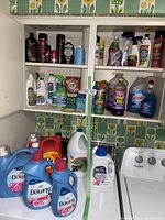 Laundry detergents and many household cleaners placed on washer and inside bathroom cabinet with floral wallpaper.