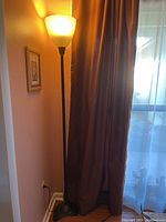 Full view of antique standing floor lamp illuminated, showing frosted glass shade, black metal pole, and placement in room corner by window with brown curtains.
