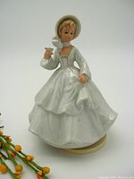 Front and side view of a porcelain figurine music box depicting a woman in a historical style white dress holding a small object, standing on a beige base.