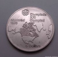 Obverse side of the coin with North America map and Olympic inscriptions, showing clear detail and mint condition.