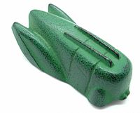 Angled side view of green cast iron insect paperweight with black detail lines, textured finish.