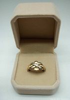 Puzzle ring in presentation box showing interlocking bands