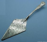 Silverplate cake lifter serving piece showing ornate engraved blade with floral and ornamental patterns and serrated edge.