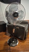 Full view of black and silver pedestal fan