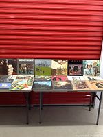 Photo of 18 vintage classic rock vinyl record albums lined up on two tables, showing worn album covers including Joni Mitchell, Rush, Jackson Browne, and others.
