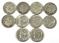 Obverse side of 10 U.S. Roosevelt dimes ranging from 1945 to 1964 showing various years and details of Roosevelt's profile and inscriptions.