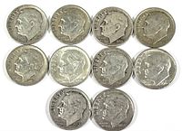Obverse view of all 10 Roosevelt dimes showing profile of President Franklin D. Roosevelt with various dates including 1950, 1952, 1954, 1959, and 1962.