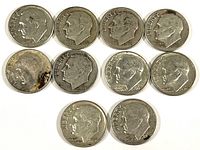 Front view of 10 Roosevelt silver dimes showing obverse sides with Roosevelt profile, dated primarily in 1950s.