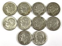 Obverse side showing profiles of Roosevelt with visible dates and inscriptions on 10 silver dimes.