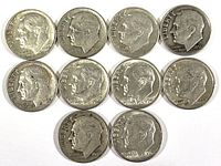 Top view of 10 Roosevelt silver dimes with obverse side showing Roosevelt's profile and inscriptions.