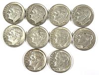 Obverse view of 10 Roosevelt silver dimes showing years minted and profile image of Franklin D. Roosevelt.