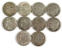 Front sides of 10 Roosevelt dimes showing the profile of President Roosevelt and mint years ranging approximately from 1940s to 1960s, some wear visible