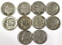 Obverse (heads) view of ten silver Roosevelt dimes showing Roosevelt's profile and mint years mostly in the 1950s and early 1960s.