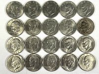 Obverse sides of 20 Eisenhower dollar coins arranged in four rows showing portraits of Dwight D. Eisenhower with LIBERTY and year. 12 coins dated 1776-1976 Bicentennial and 8 regular 1970s dates. One coin shows tarnish.
