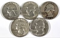 Obverse side of five silver Washington quarters showing dates 1944, 1951, and 1954 with 'LIBERTY' and 'IN GOD WE TRUST' inscriptions.