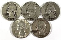 Obverse side of five Washington quarters dated 1936, 1937, 1944, 1951, and 1960 showing portraits of George Washington with inscriptions including LIBERTY and IN GOD WE TRUST.