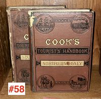 Two antique travel guide books from Cook's Tourist Handbook series, Northern Italy 1890 and Southern Italy 1875, showing front covers with travel vignette artwork.