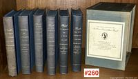 Full view of 6 volume set next to original box with label for The Private Papers of James Boswell