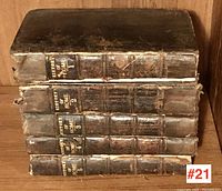 Stacked spines of the five volumes showing gilt titles and raised bands
