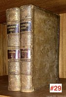 Two leather bound volumes upright on wooden shelf, spines facing forward with gilt decoration and red/black labels reading “Shakspere’s Works” and “Stebbing I/II.”
