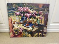 Full view of watercolor style still life canvas print showing flowers in jars, fruit on table, and background details.