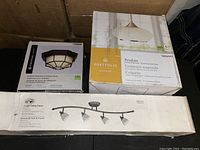 Photo showing boxed outdoor flushmount ceiling fixture and Portfolio pendant light box