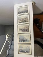 Five framed W.H. Bartlett prints stacked vertically on a white surface showing vintage city and landscape scenes.