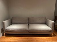 Front view of modern grey sofa with two down-filled back cushions and two seat cushions on wooden legs.