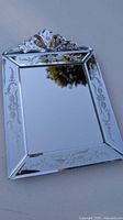 Full view of the Venetian style rectangular tabletop mirror showing etched floral border and decorative top