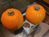 Photo showing two orange plastic pumpkins with smooth surfaces and realistic stems, placed on a glass table.