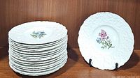 Stack of 16 white ceramic plates with embossed rims and floral center designs, showing overall set size and general appearance.