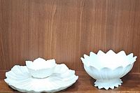 White Lotus flower chip & dip set with large plate and small dip bowl on top, both ceramic and petal-shaped.