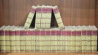 Front view of 24 Mark Twain books arranged in a row on a wooden shelf showing decorative spines with red and green patterns and gold detailing.