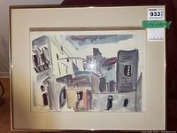 Full view of the framed watercolor painting showing stylized urban buildings and architecture.
