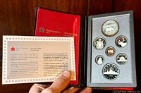 Open black case showing seven proof coins arranged in foam insert, red satin interior.