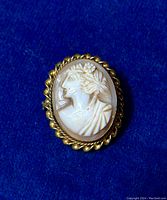 Front view of the oval antique carved shell cameo brooch showing detailed carving of a woman's profile with flowers in her hair and the gold-filled rope style border.