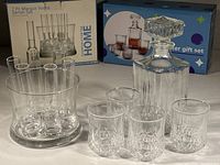 Photo of Marquis vodka server set with 6 tall shot glasses and ice bucket in front of original packaging box