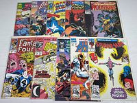 Top view of 10 comic books laid out, showing covers from Marvel titles including Fantastic Four, Spider-Man, Wolverine, and others.