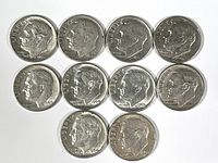 Obverse sides of 10 U.S. Roosevelt silver dimes showing Roosevelt's profile and dates from 1950s-1969.
