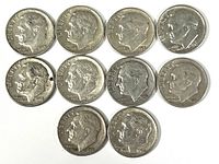 Obverse sides of the 10 Roosevelt dimes showing profiles of Franklin D. Roosevelt with visible dates and 'LIBERTY' inscriptions.