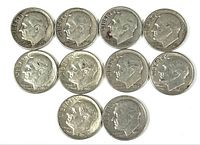Front side of 10 silver Roosevelt dimes showing profile of President Roosevelt with dates ranging from early 1950s to 1963.