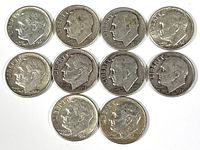 Obverse sides of ten Roosevelt dimes from 1950s to 1964 showing Roosevelt's profile and the word LIBERTY.