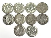 Obverse side showing Roosevelt profile on 10 dimes, dates from 1940s to 1960s visible.