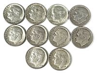 Obverse sides of 10 Roosevelt silver dimes showing heads and years minted between 1941 and 1964.
