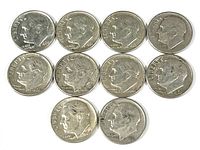 Obverse sides of 10 Roosevelt silver dimes, dated pre-1965, showing Roosevelt's profile and inscriptions.