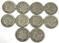 Obverse view showing portrait of Franklin D. Roosevelt and inscription LIBERTY on all 10 dimes.