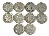 Obverse side of 10 U.S. Roosevelt dimes from the 1940s-1960s showing the profile portrait of President Franklin D. Roosevelt with dates visible.