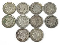 Front (obverse) side of 10 Roosevelt silver dimes showing the profile of President Roosevelt and coin dates.