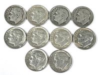 Obverse side of 10 Roosevelt dimes dated 1946 to 1964 showing Franklin D. Roosevelt profile face with inscriptions.