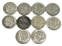 Front side of 10 Roosevelt dimes showing the left-facing profile of President Franklin D. Roosevelt with mint years from 1946 to 1963 visible.